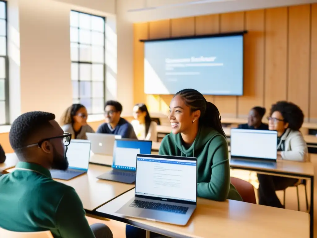 Estudiantes comprometidos usan software educativo de código abierto en aula moderna y luminosa, reflejando entusiasmo y enfoque