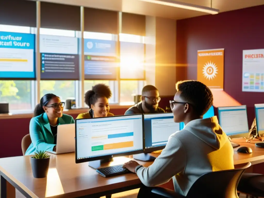 Estudiantes concentrados en aula iluminada por luz solar, trabajando en computadoras con software open source