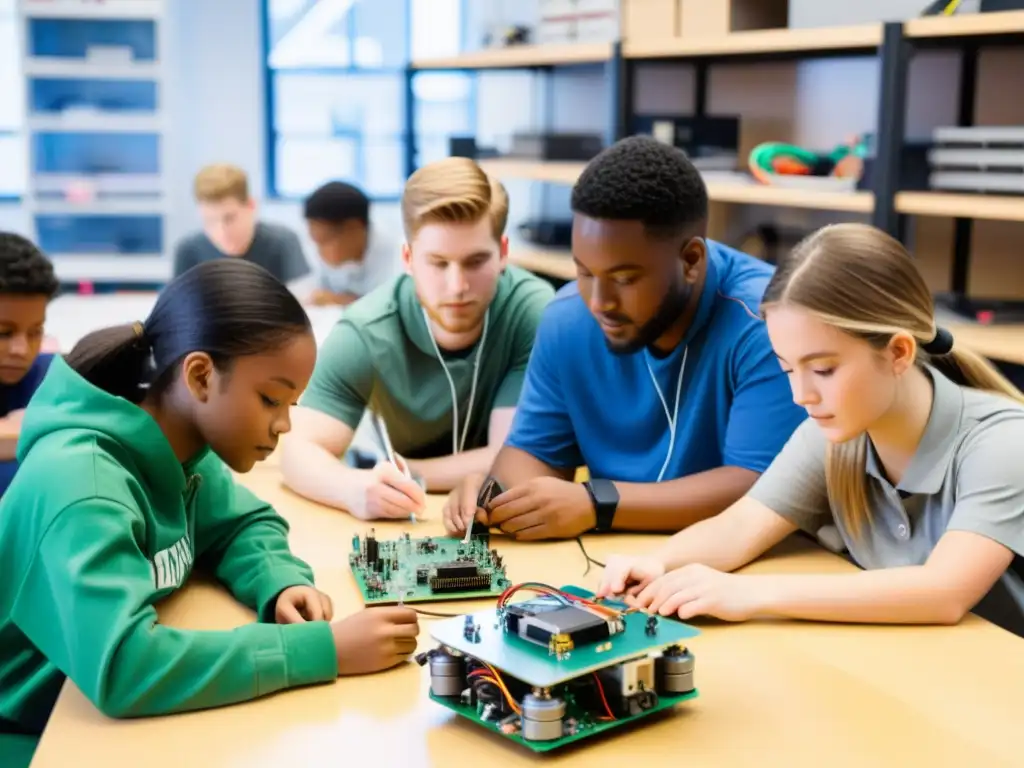 Estudiantes colaborando en la construcción y programación de brazos robóticos en un aula iluminada, aprendiendo IA y robótica código abierto