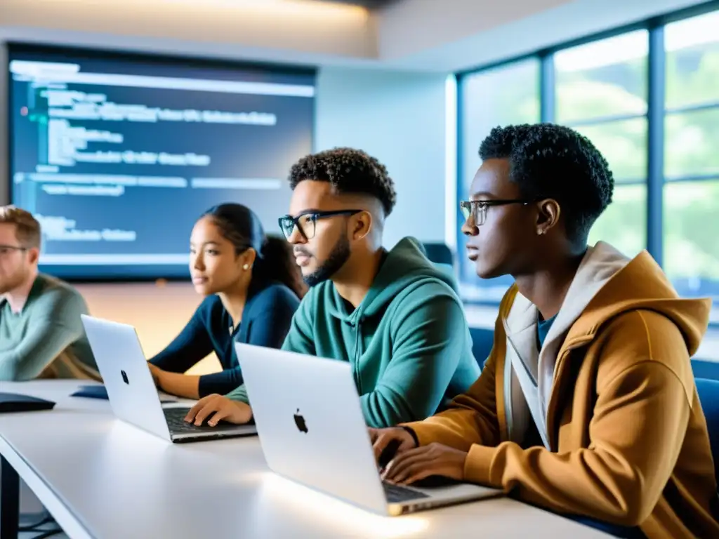 Estudiantes colaborando en un curso de inteligencia artificial open source en un aula moderna y dinámica