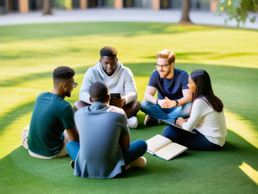 Estudiantes colaborando en el desarrollo de software educativo código abierto en un campus, rodeados de laptops y naturaleza vibrante