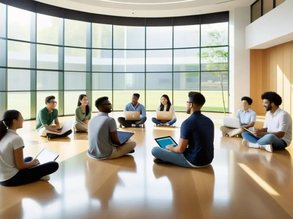 Estudiantes colaboran en una dinámica discusión en un aula moderna, utilizando la plataforma educativa colaborativa de código abierto Sakai