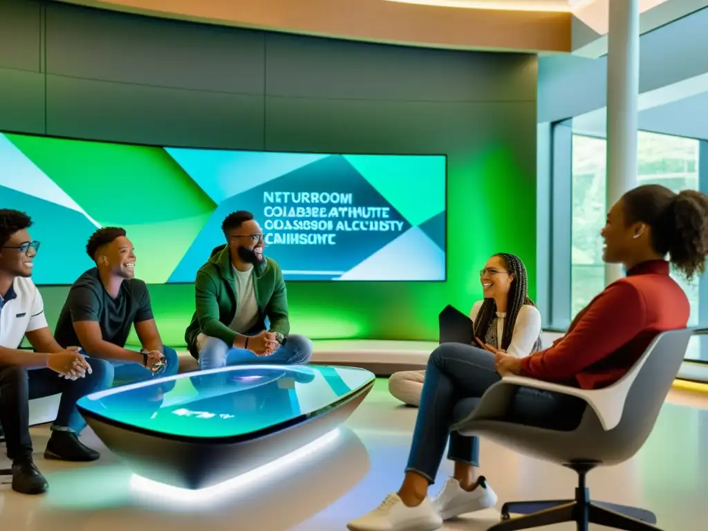 Clase del futuro: Estudiantes colaboran en entorno digital innovador Estudiantes diversificados colaboran en aula futurista de Open edX plataforma educativa código abierto, inmersos en aprendizaje dinámico y tecnológico