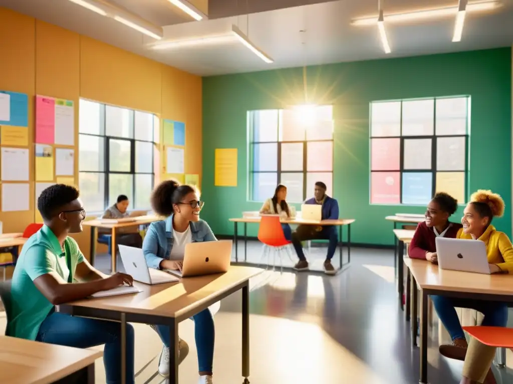 Estudiantes diversificados debatiendo en un aula moderna, rodeados de laptops y tabletas