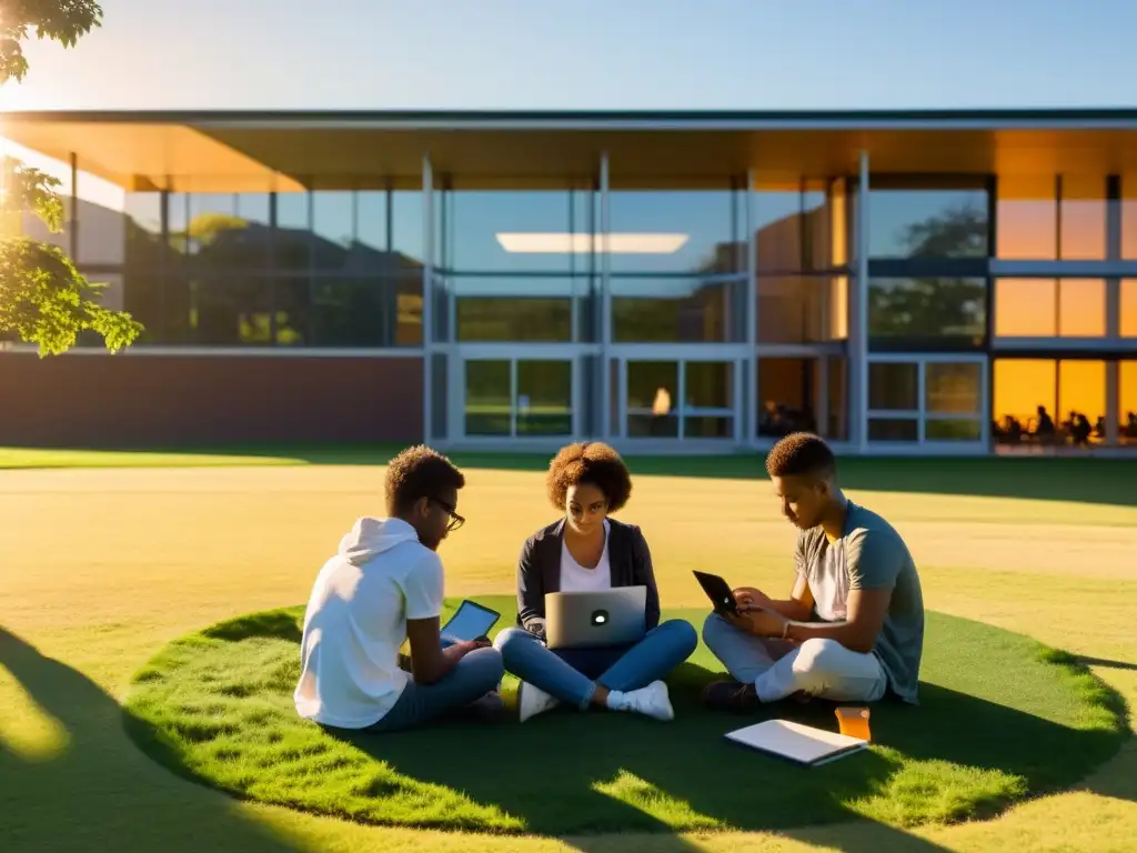 Estudiantes diversificados en círculo, usando sistemas operativos móviles de código abierto, bajo la cálida luz del atardecer en el campus educativo