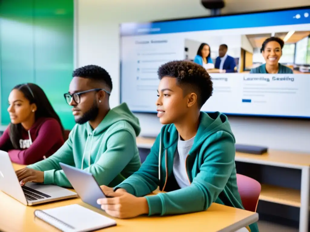 Estudiantes diversificados personalizando experiencia aprendizaje en línea en aula contemporánea