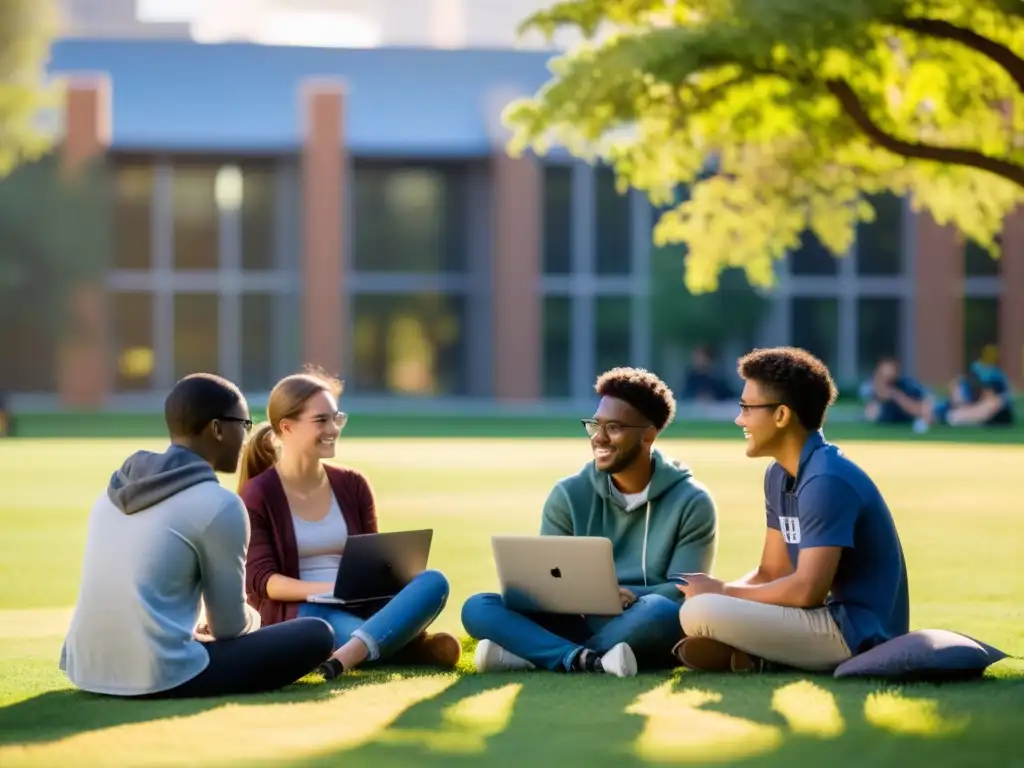 Estudiantes diversificados colaboran en un proyecto al aire libre, usando laptops y tablets