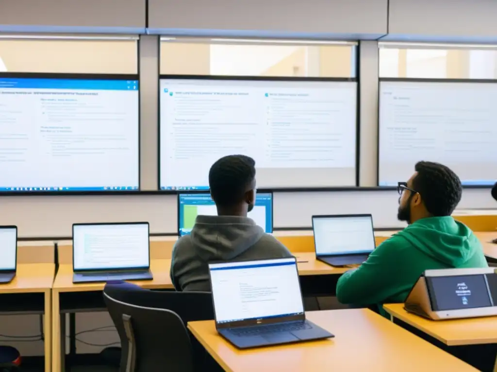 Estudiantes diversos trabajan en laptops con código Unix, mientras el instructor enseña en un aula colorida sobre Unix de código abierto en educación