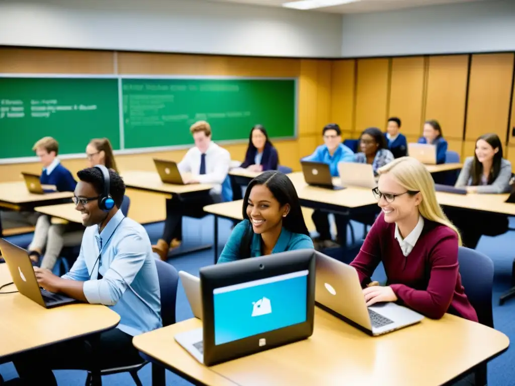 Estudiantes y docentes colaboran en un aula moderna usando suites ofimáticas de código abierto para potenciar la educación y la interacción activa