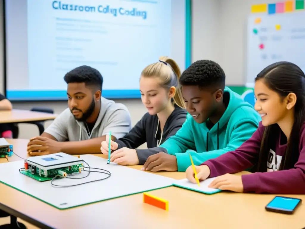 Estudiantes entusiasmados trabajando juntos con kits de código abierto para educación en aula moderna y luminosa