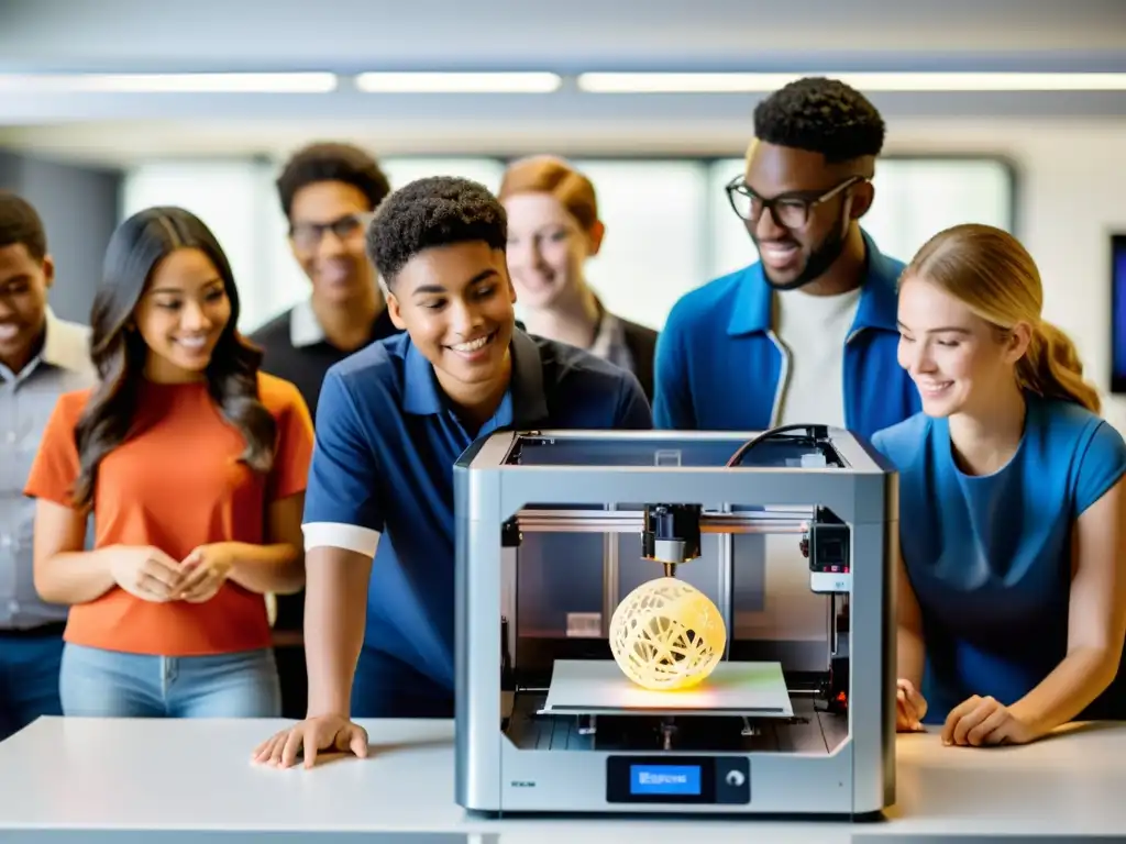 Estudiantes entusiasmados observan la impresión 3D en educación, rodeados de herramientas educativas en un aula innovadora