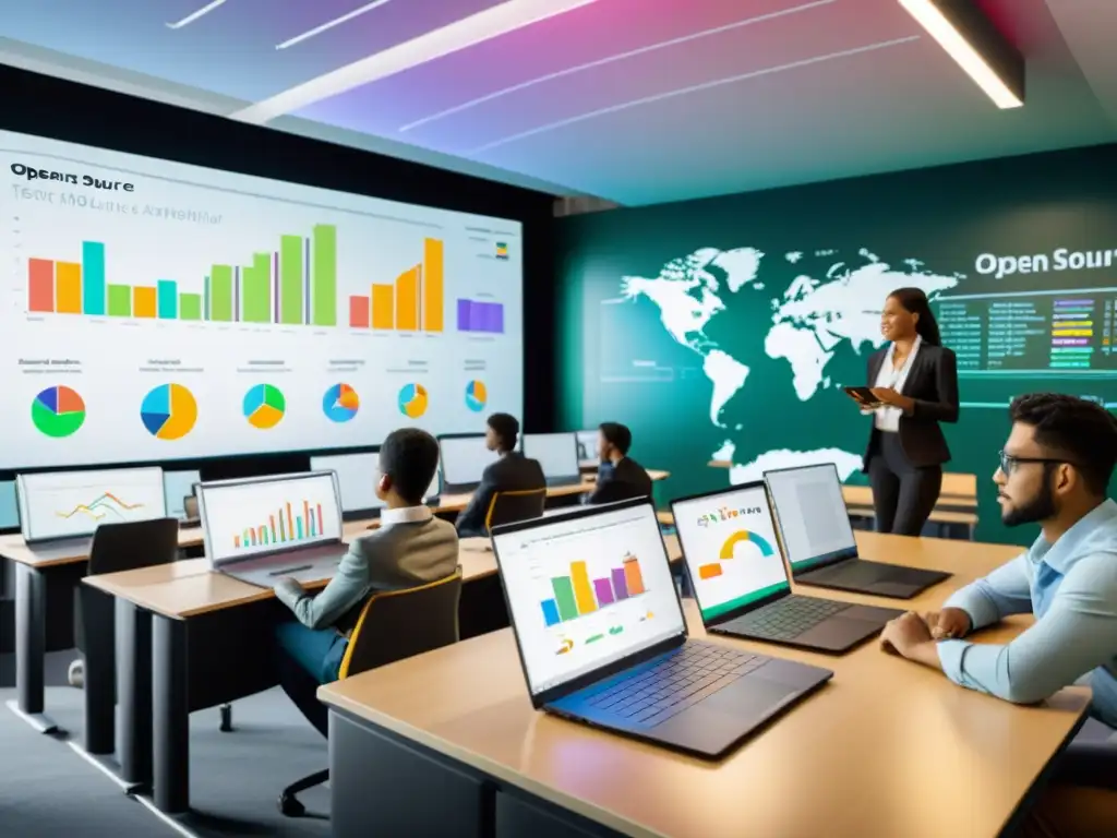 Clase moderna: estudiantes usan herramientas de marketing de código abierto Estudiantes entusiastas en aula moderna usando herramientas de automatización de marketing de código abierto en pantalla grande
