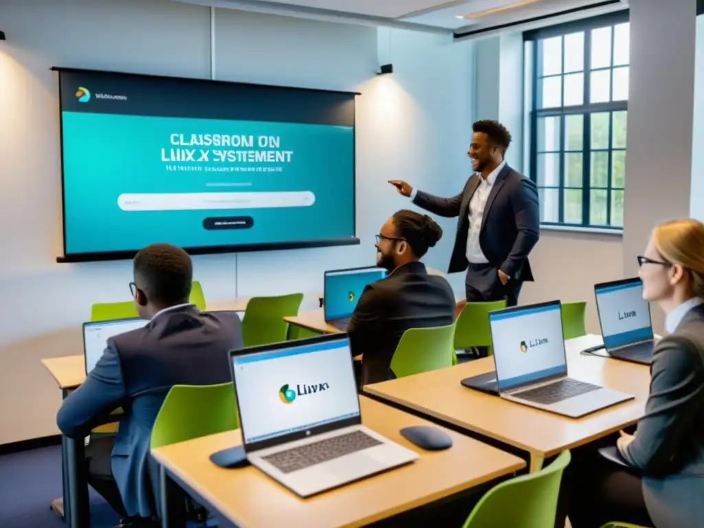 Estudiantes participando entusiastas en una clase virtual con plataformas de eLearning en Linux, en un ambiente educativo moderno y tecnológico