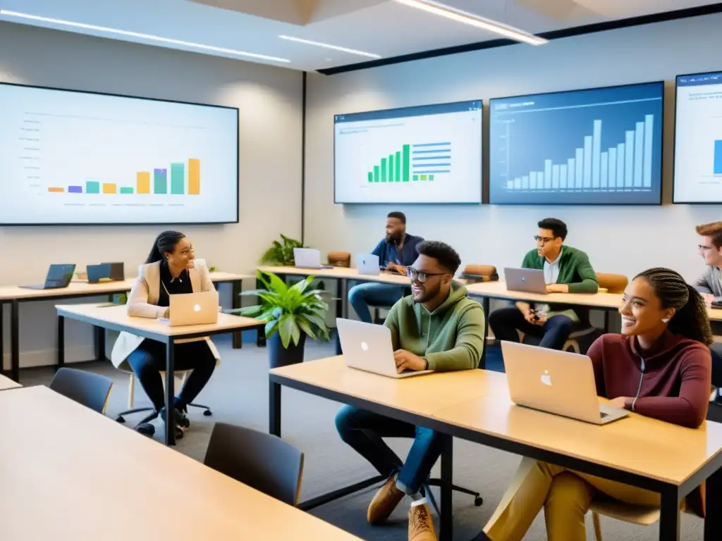 Estudiantes colaborando en un espacio moderno y luminoso, rodeados de laptops, gráficos y plantas