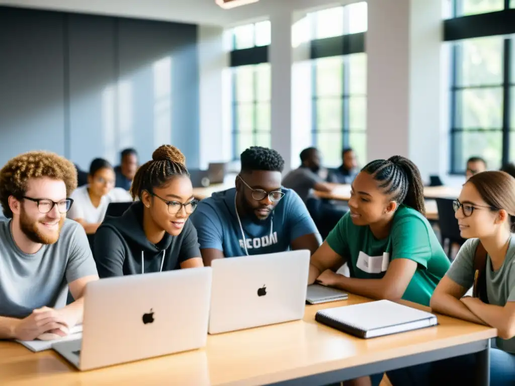 Estudiantes colaborando en un hackatón educativo, resolviendo un desafío juntos