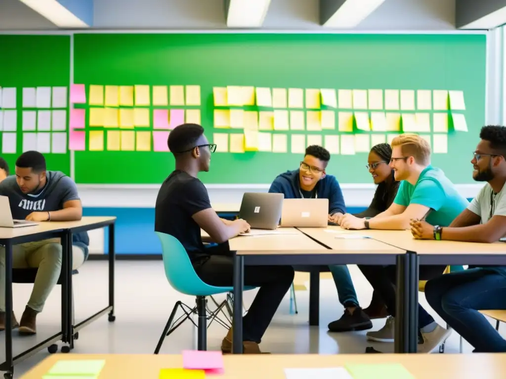 Estudiantes colaborando en un hackatón educativo con laptops y notas adhesivas, en un aula moderna y luminosa