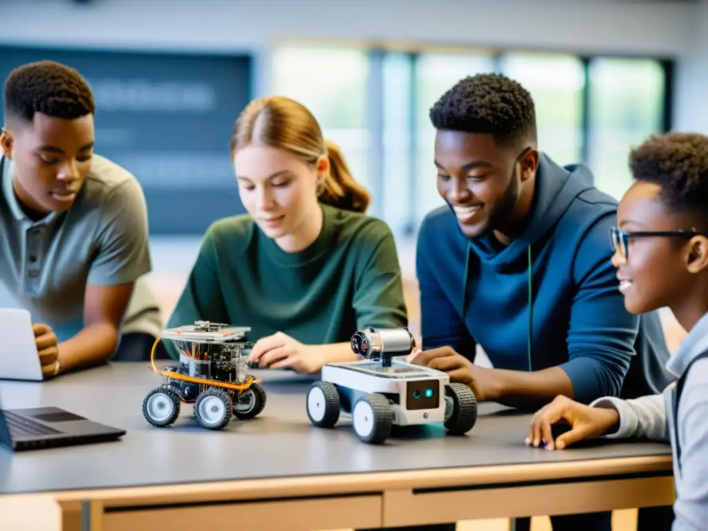 Estudiantes aprendiendo IA y robótica código abierto en un aula moderna, colaborando y experimentando con equipos avanzados