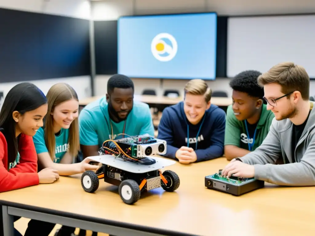 Estudiantes aprendiendo IA y robótica código abierto en el aula con kits de robots modernos y su profesor brindando orientación