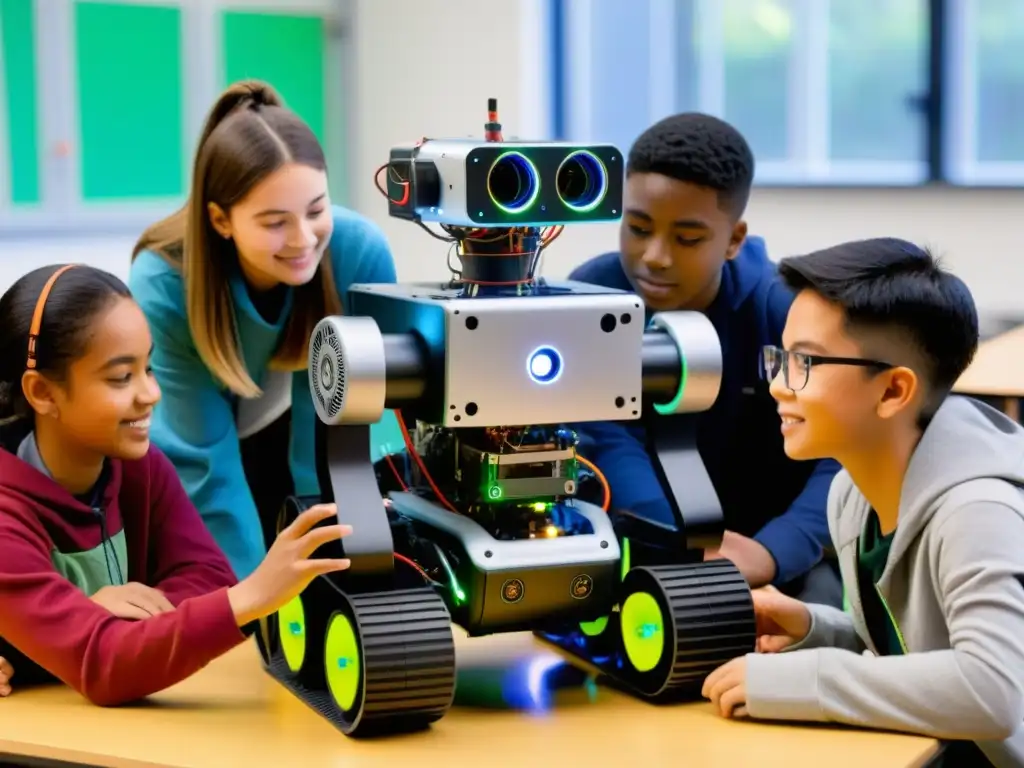 Estudiantes aprendiendo IA y robótica código abierto con un robot interactivo en aula vibrante