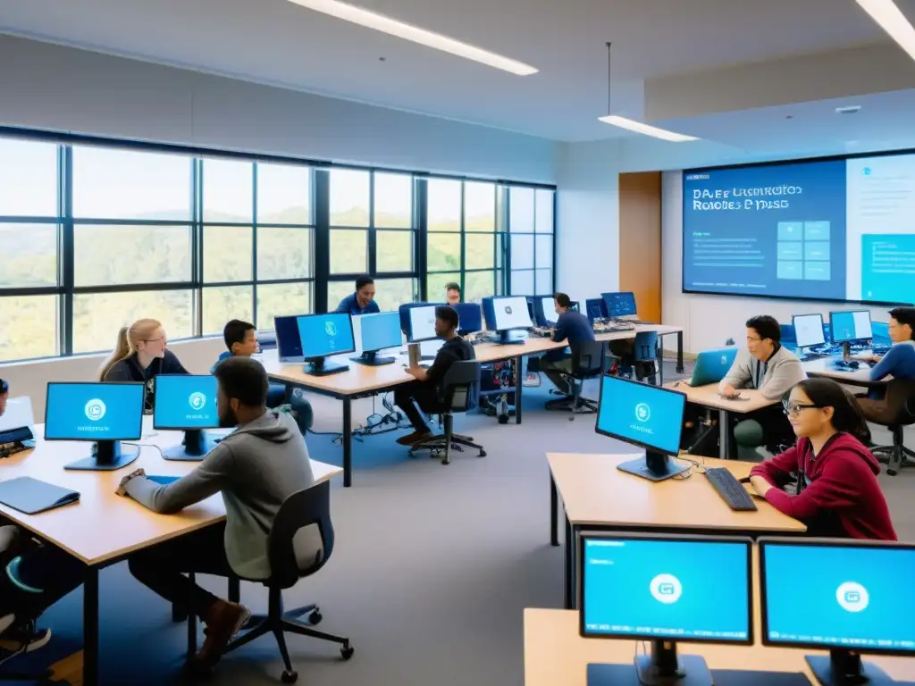 Estudiantes aprendiendo IA y robótica con código abierto en un aula dinámica y luminosa