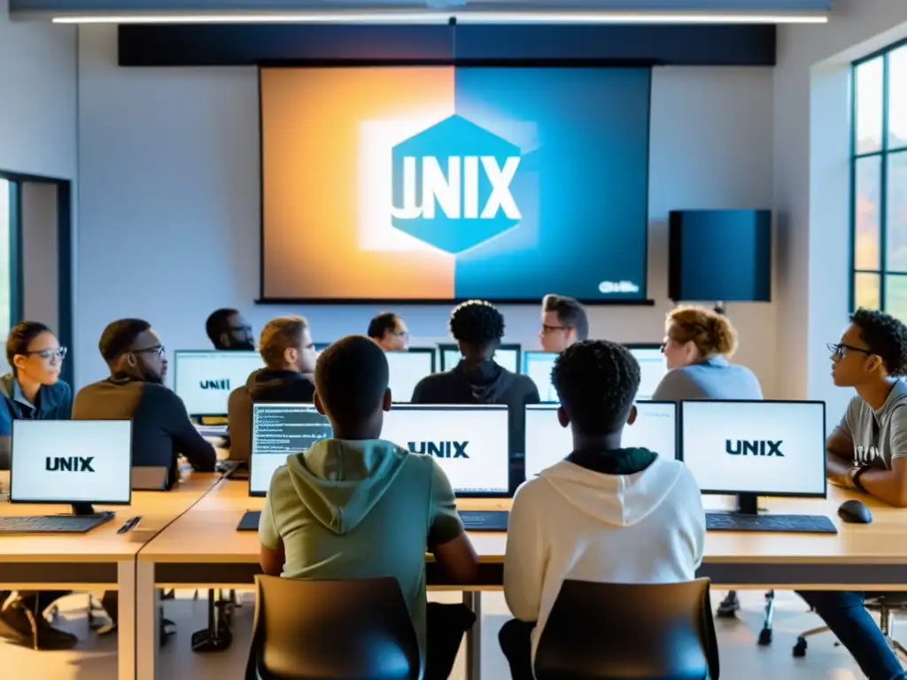 Estudiantes codificando en un laboratorio moderno con el logo de Unix de código abierto en educación en la pantalla