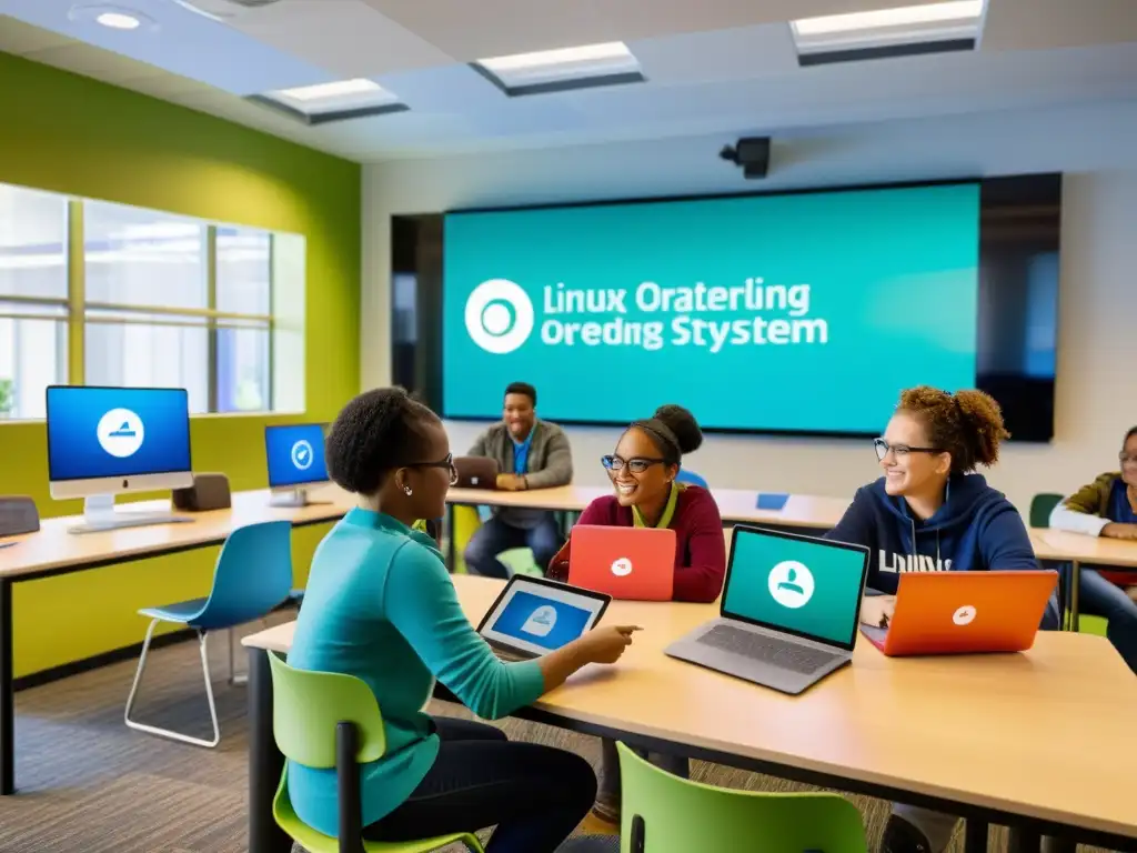 Colaboración con Linux: Estudiantes y maestros en aula innovadora Estudiantes y maestros colaborando en un aula moderna con Linux, reflejando el impacto del software de código abierto en la educación