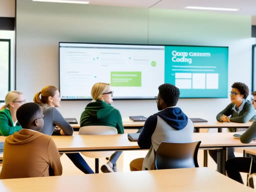 Colaboración en aula moderna con educación abierta Estudiantes y maestros colaborando en un aula moderna con plataformas de código abierto en educación, fomentando el aprendizaje dinámico e inclusivo
