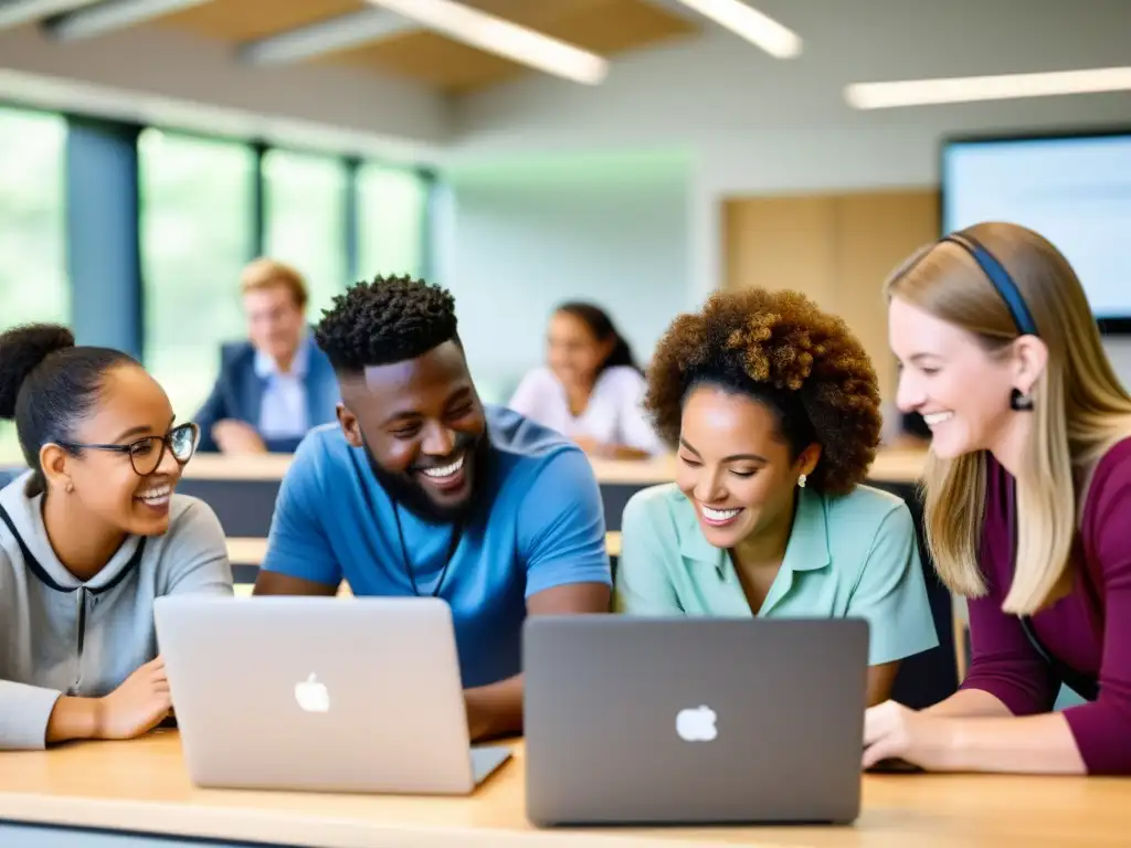 Estudiantes y maestros colaboran con entusiasmo en un aula moderna, usando tecnología de software libre