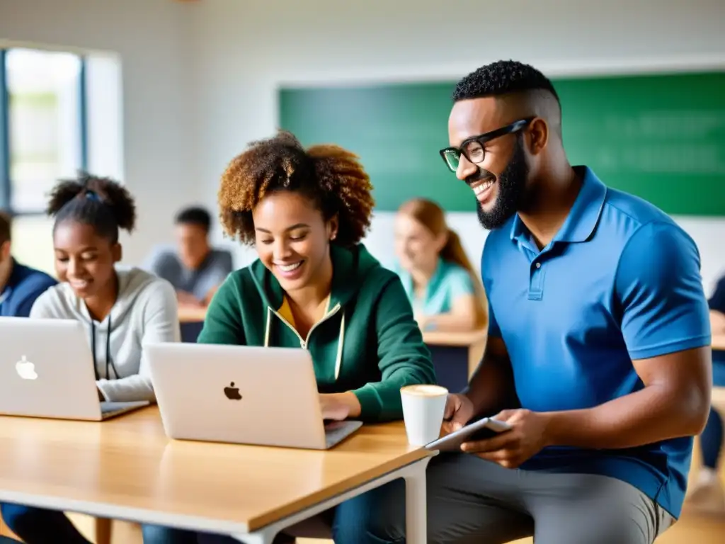 Estudiantes y maestros colaborando con entusiasmo en aulas bien iluminadas, utilizando software libre para alcanzar ODS ONU