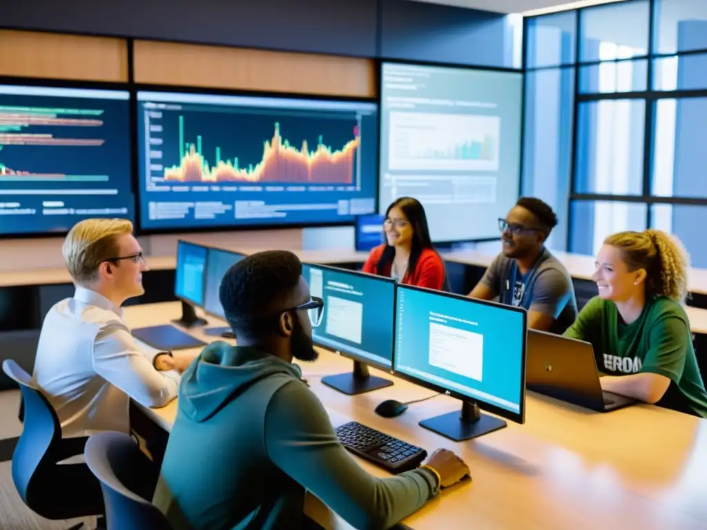 Desarrollo de software colaborativo en aula tecnológica Estudiantes y maestros colaboran en proyectos de software abierto en un aula moderna y dinámica