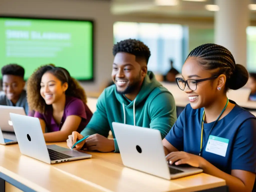 Estudiantes colaborando en moderno salón con software educativo y tecnología, representando la inclusión y el software libre en la educación global