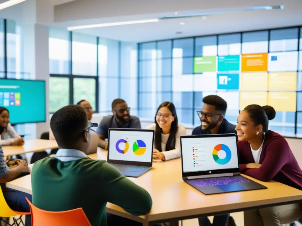 Estudiantes de todo el mundo colaborando en proyectos educativos de código abierto en un aula moderna con tecnología de vanguardia y ambiente dinámico