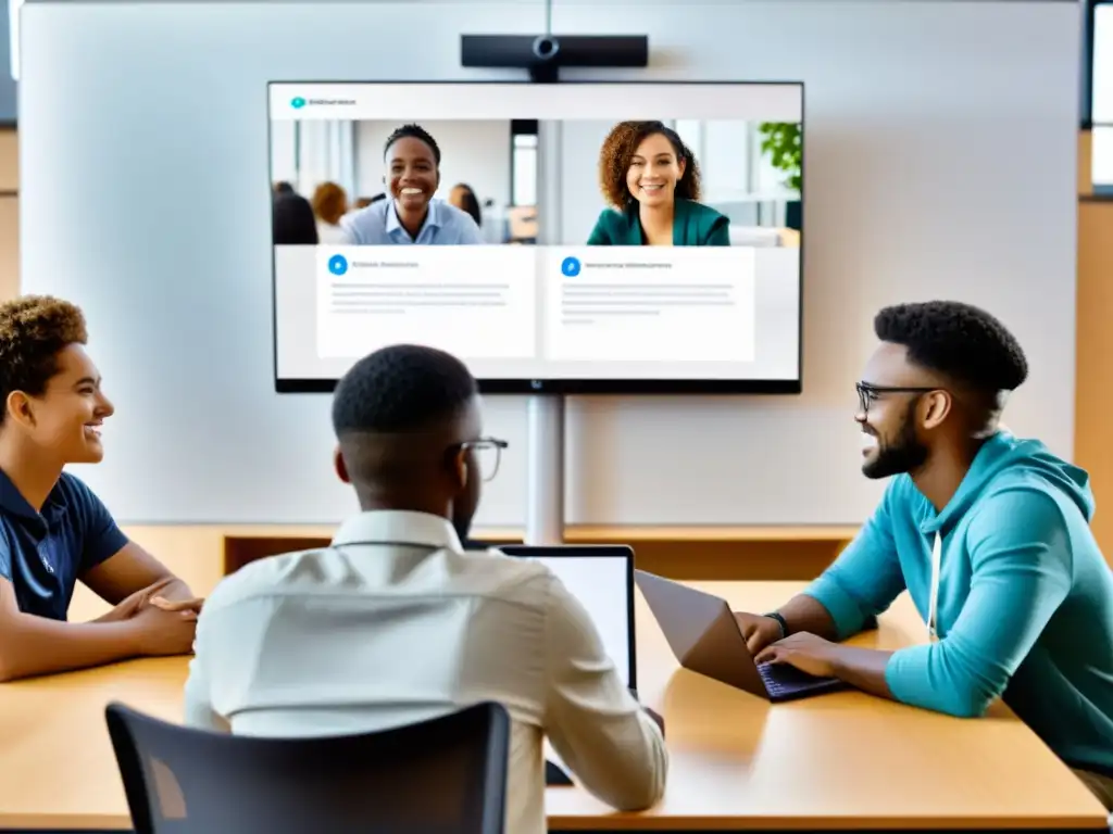 Estudiantes colaborando en una plataforma educativa virtual de código abierto, participando activamente en una discusión dinámica y efectiva