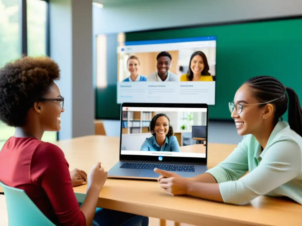 Estudiantes colaborando en una plataforma educativa virtual de código abierto, ambiente dinámico y colaborativo en la educación en línea