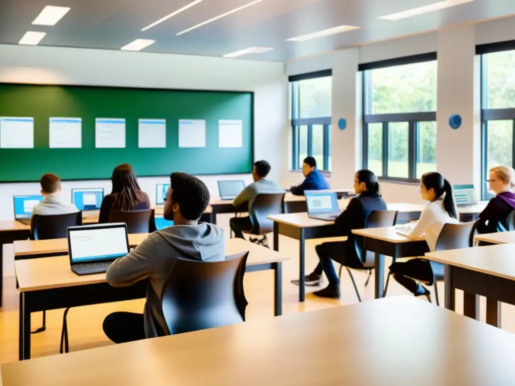 Estudiantes interactúan con plataformas de eLearning en Linux en un aula moderna iluminada por luz natural
