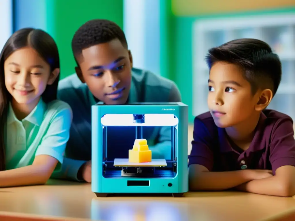 Estudiantes de primaria observan maravillados una impresora 3D en el aula, reflejando la innovación educativa