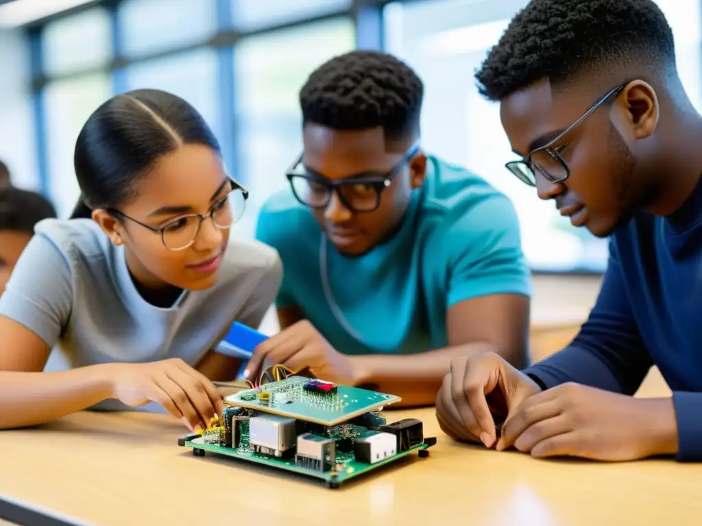 Proyecto IoT: Estudiantes colaborando en un aula moderna Estudiantes colaborando en un proyecto de IoT en un aula moderna, resaltando el aprendizaje interactivo de código abierto