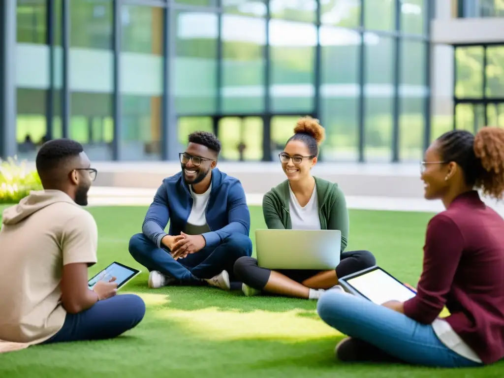 Estudiantes colaborando en proyecto de educación abierta en campus moderno e inclusivo