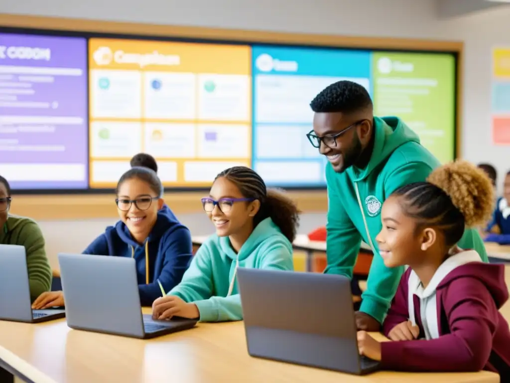 Estudiantes colaborando en proyecto de codificación en aula moderna y luminosa