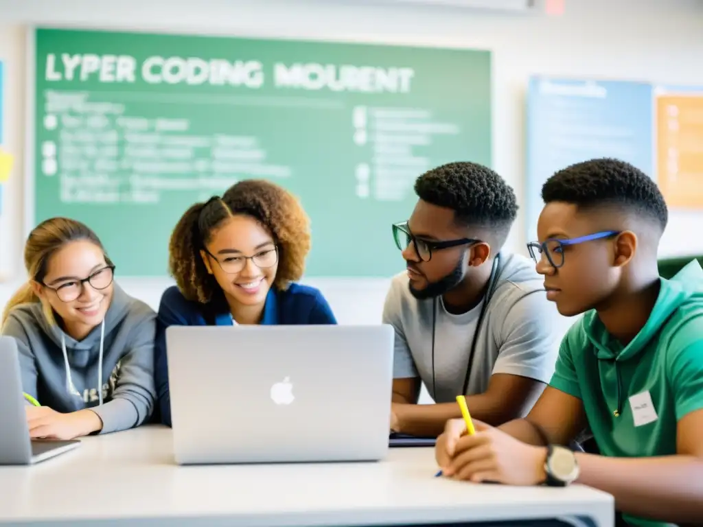 Estudiantes colaborando en proyecto de codificación en aula moderna, exudando trabajo en equipo e innovación