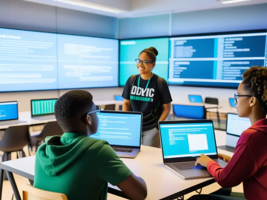 Estudiantes colaborando en un proyecto de código abierto en un aula moderna y luminosa, rodeados de tecnología educativa