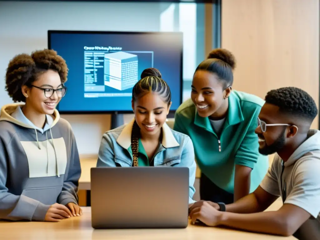 Estudiantes colaborando en un proyecto de código abierto en la computadora