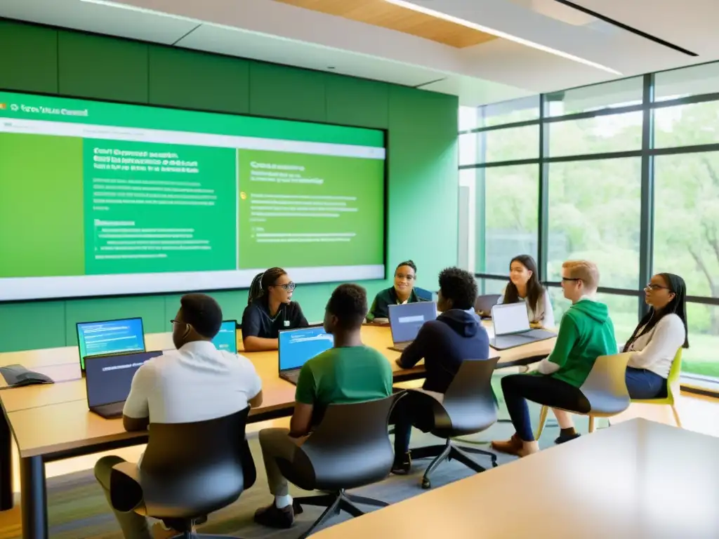 Estudiantes colaborando en un proyecto de código abierto en un aula moderna con vistas a un campus verde