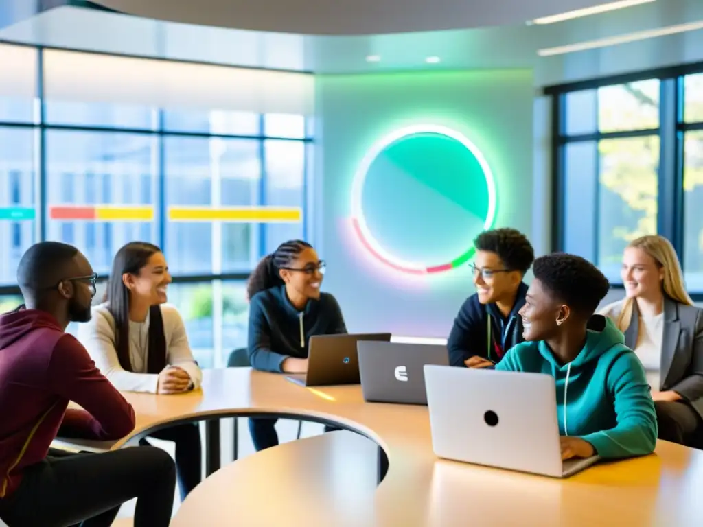 Estudiantes colaborando en proyecto de código abierto en aula moderna y luminosa