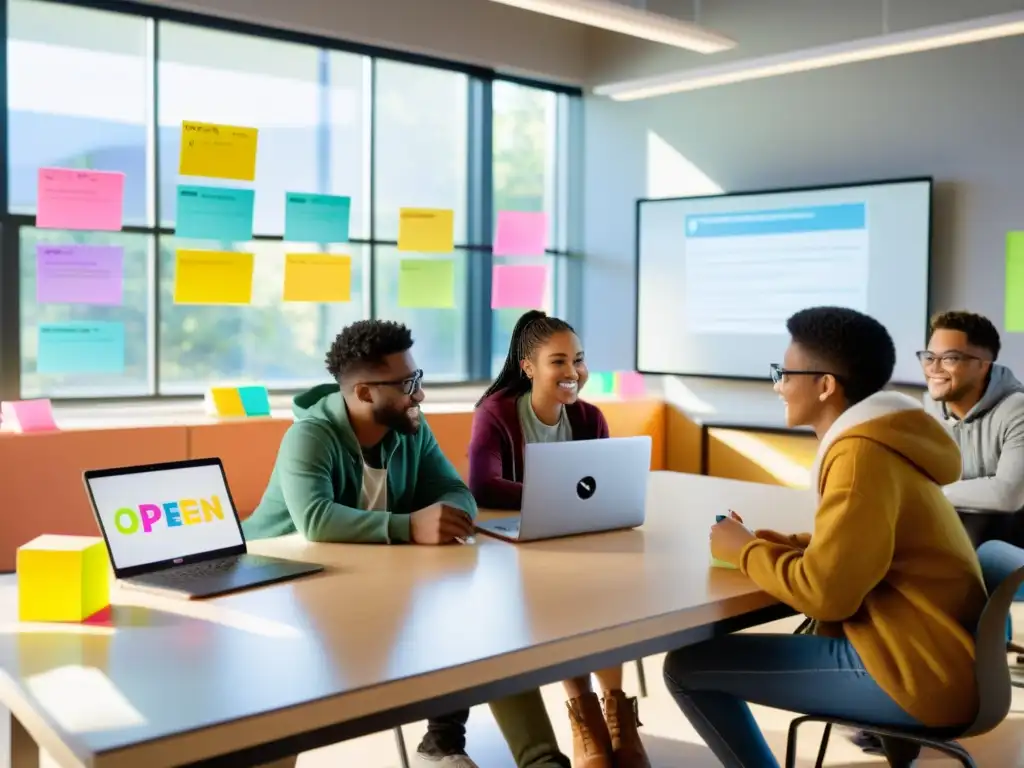 Estudiantes colaborando en proyecto de código abierto en aula moderna