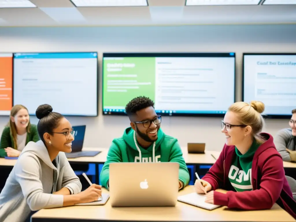 Estudiantes colaborando en proyecto de código abierto en un aula moderna y dinámica, mostrando beneficios del software de código abierto en educación