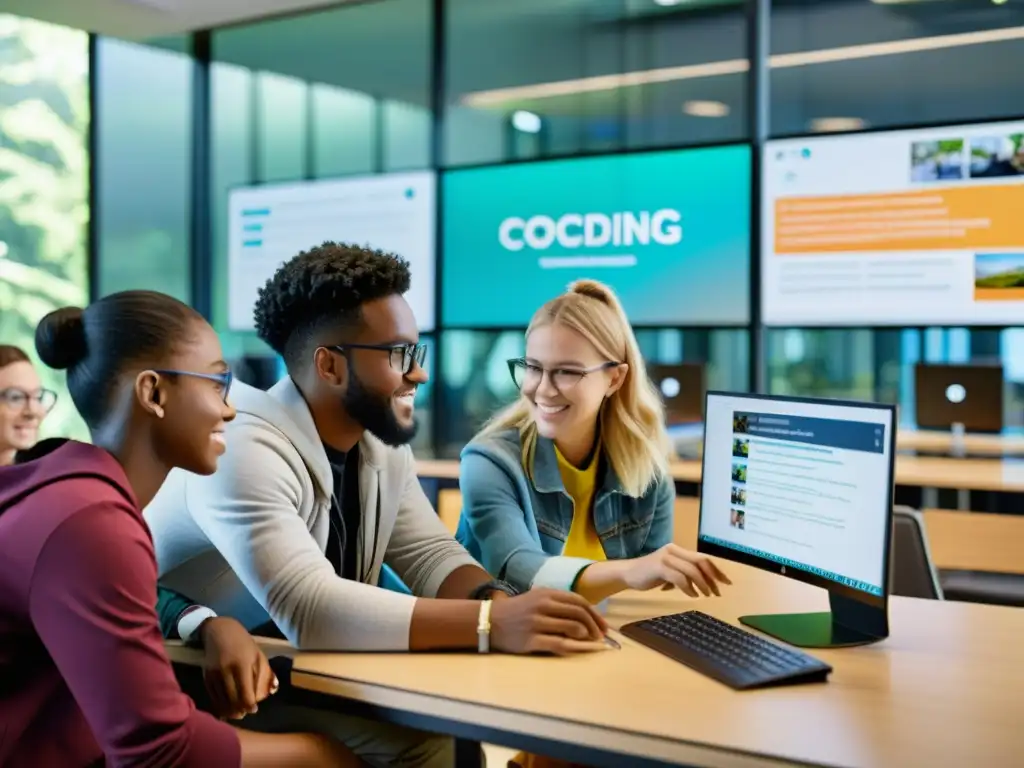Equipo diverso de estudiantes codificando en aula moderna Estudiantes colaborando en proyecto de código abierto en aula moderna y dinámica