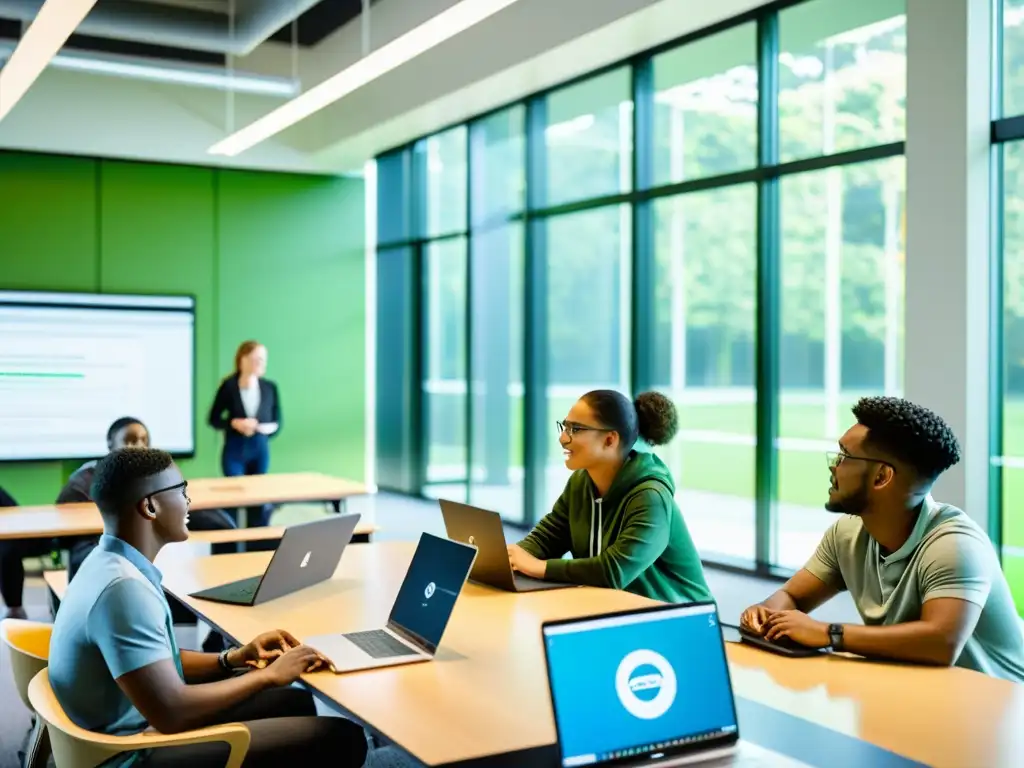 Estudiantes colaborando en un proyecto de código abierto en un aula moderna con tecnología avanzada y vista a un campus verde