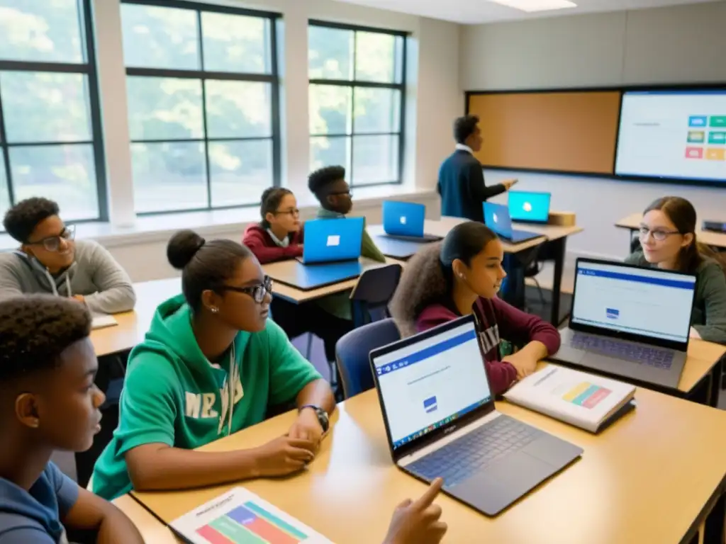 Estudiantes colaborando en proyecto de código abierto en educación en aula llena de luz natural y ambiente innovador