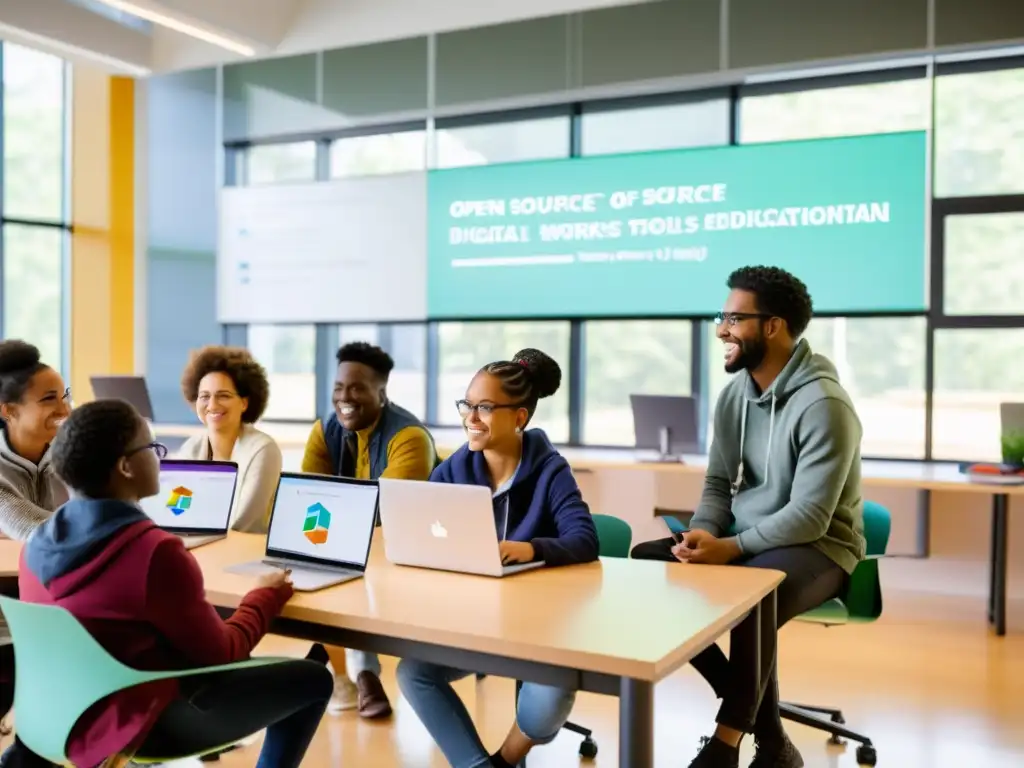 Estudiantes colaborando en proyecto digital con recursos educativos código abierto en aula moderna con luz natural y espacios colaborativos